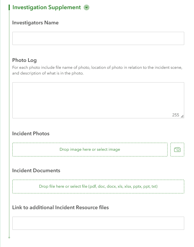 Investigation supplement form: investigator's name, a photo log with instructions on what to record for each photo, and upload fields for incident photos and documents