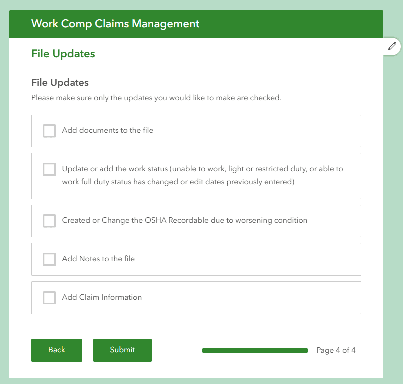 Work Comp claims management form, file updates step: add documents, update work status, change OSHA recordable status, add notes, add claim information