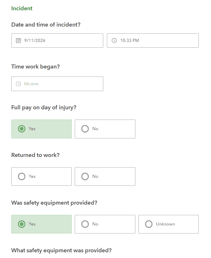 First report of injury form asking the incident date and time, time work began, pay on the day of injury, return to work, and safety equipment